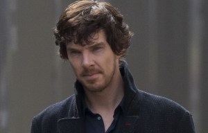 Benedict Cumberbatch looks far from sharp on the set of Sherlock in Cardiff