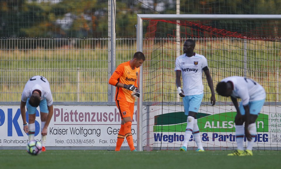 The West Ham defence look dejected after FC Slovacko scored two late goals