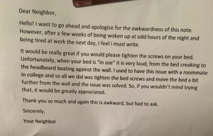 Neighbour wakes up to passive aggressive note... asking him to change his behaviour in the bedroom