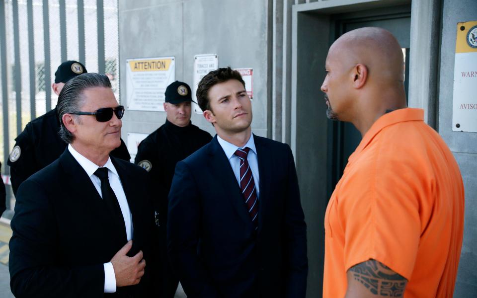 Kurt Russell, from left, Scott Eastwood and Dwayne Johnson