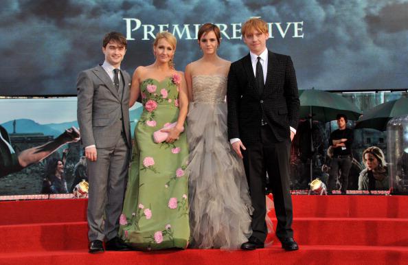  JK Rowling, second left, with Harry Potter actors Daniel Radcliffe, left, Emma Watson, second right, and Rupert Grint, right