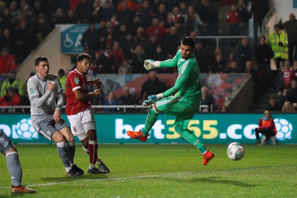 Smith fires the ball past David De Gea in the EFL Cup quarter final