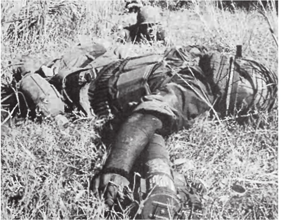  The body of a soldier who was directly behind US military photojournalist Hodierne, killed by a sniper. He wrote up an honest account of the encounter for the Stars and Stripes newspaper. The article caused an uproar among the US High Command in Vietnam who claimed it was demoralising the war effort