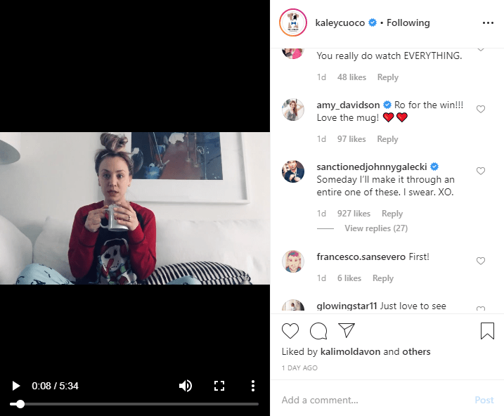  Kaley's latest video saw her pay tribute to all the crew who work behind-the-scenes on shows in honour of the Golden Globes - but Johnny left a cheeky message