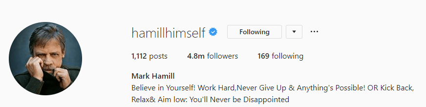  Hamill has apparently chosen to keep hold of his Instagram account. The photo-sharing platform is owned by Facebook
