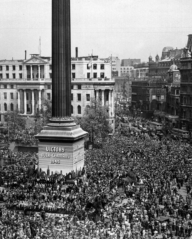  Londoners celebrate the end of the Second World War in Trafalgar Square 75 years ago