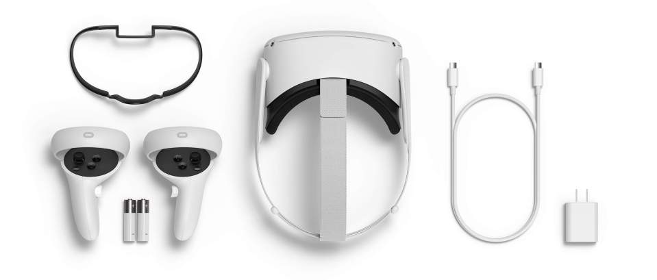 A standard Oculus Quest 2 purchase includes the headset, a glasses adapter, controllers plus batteries, and a cable and charger