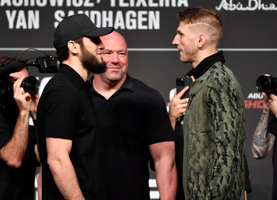 Islam Makhachev and Dan Hooker face off during the UFC 267 press conference