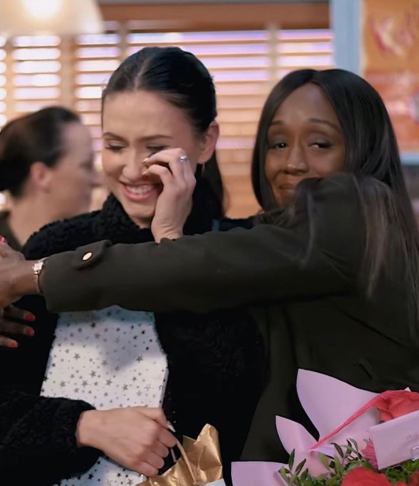 The actress was tearful as she said goodbye to her co-stars