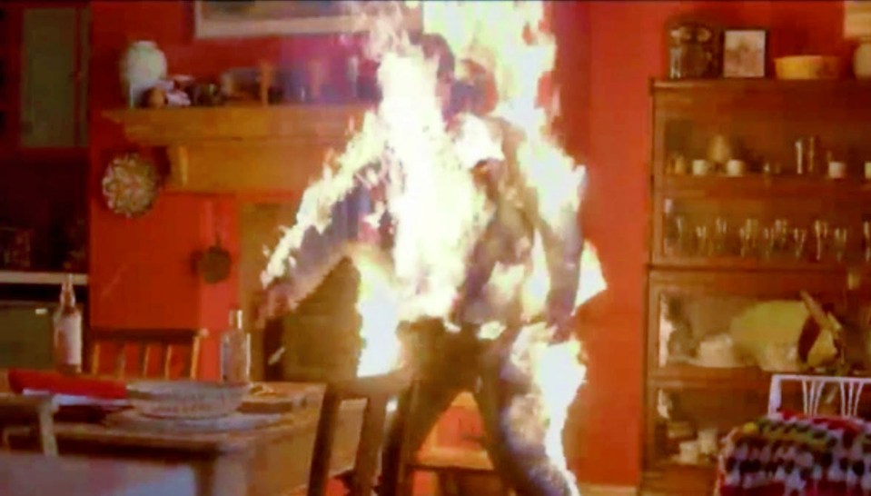 The murderer doused himself in petrol and set himself alight at the end of a clash with show heroine Catherine