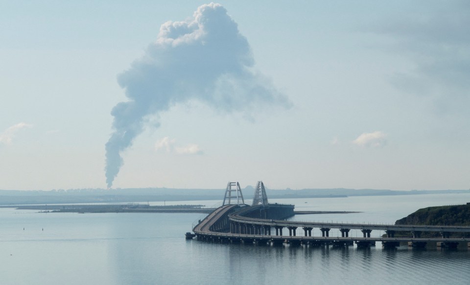 Smoke rising above a fuel depot near the bridge in Crimea on May 3