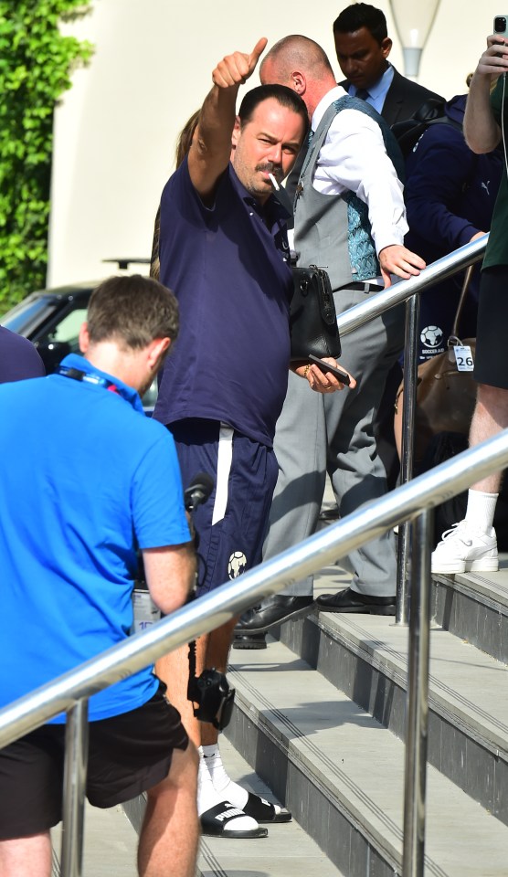 Danny Dyer giving a thumbs up while arriving at Soccer Aid.