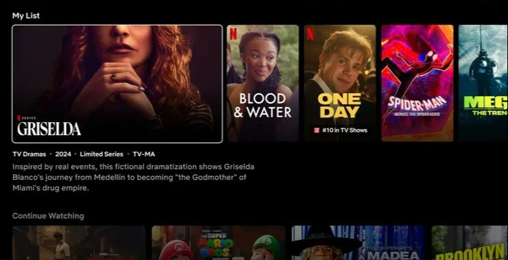 Netflix homepage redesign showcasing Griselda, Blood & Water, One Day, Spider-Man: Across the Spider-Verse, and Meg 2: The Trench.