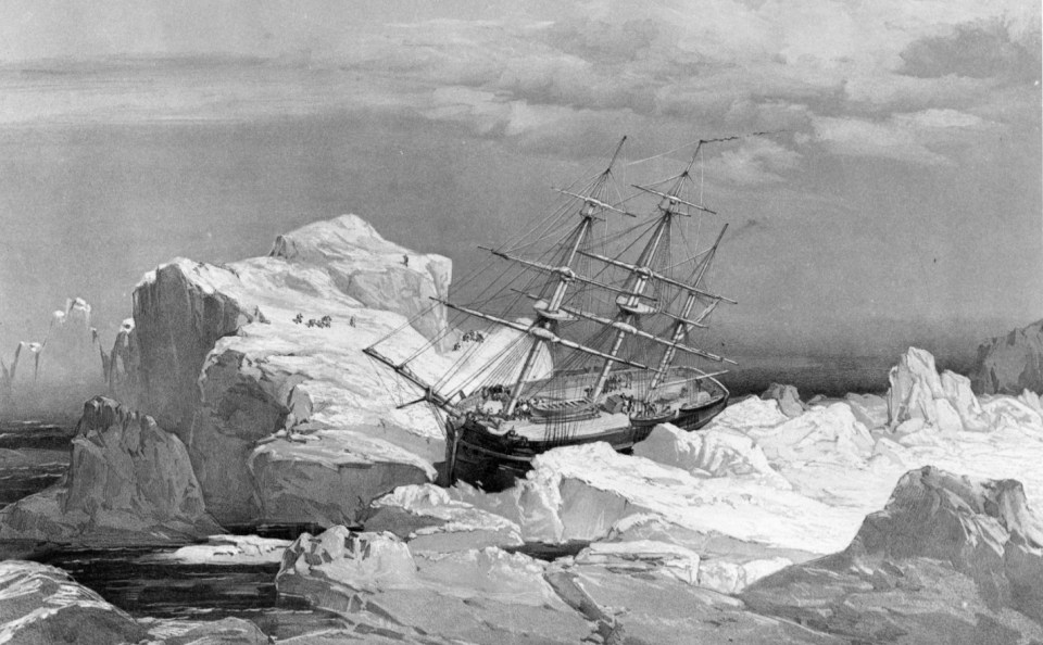 a black and white painting of a ship in the ice