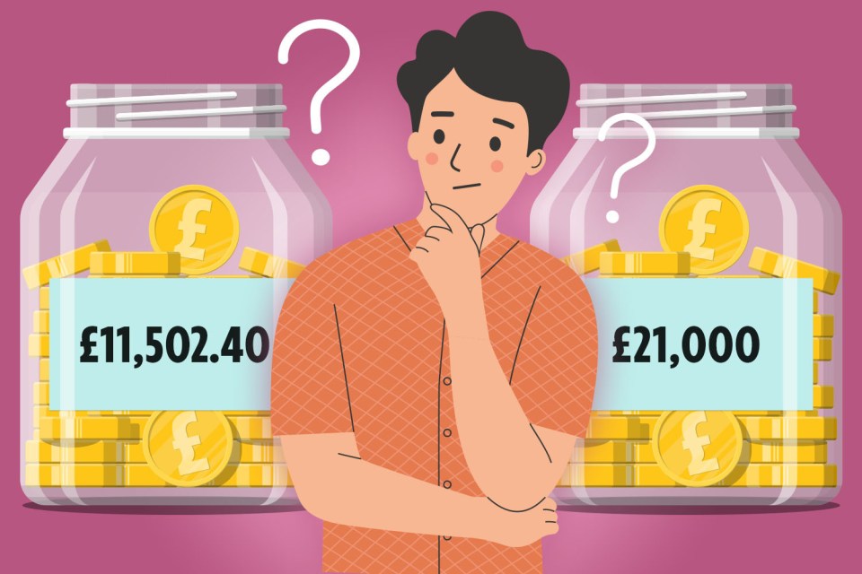 a man is standing in front of two jars of money with a question mark