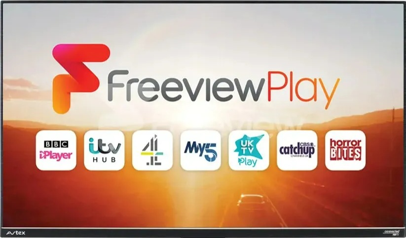 a flat screen tv with the freeview play logo on the screen