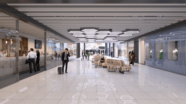 an artist 's impression of the interior of a shopping mall