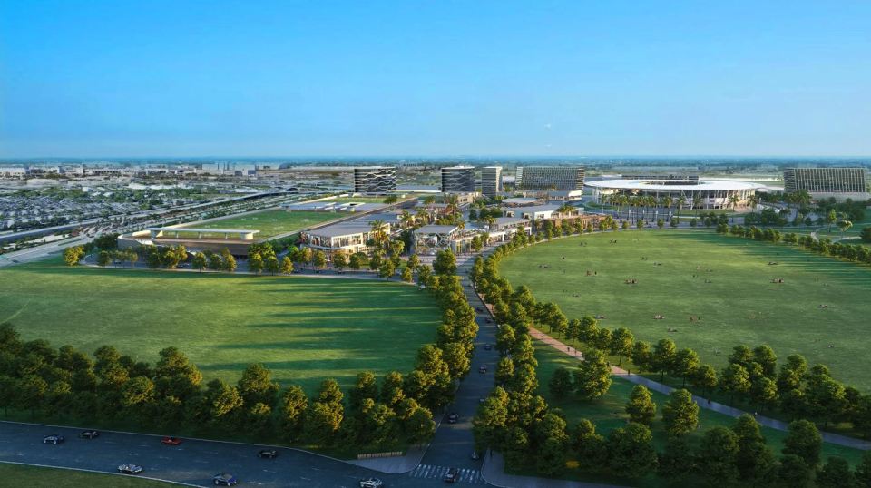 an artist 's impression of a large green field with buildings in the background