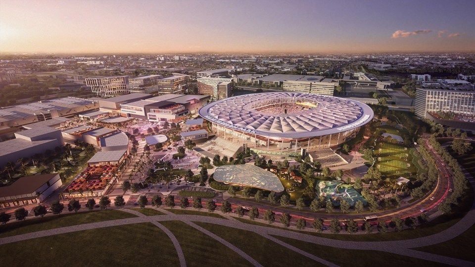 an artist 's impression of a large stadium with a blue roof
