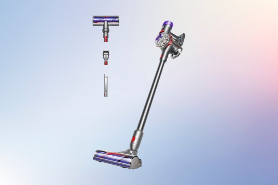 a dyson vacuum cleaner is shown on a blue background