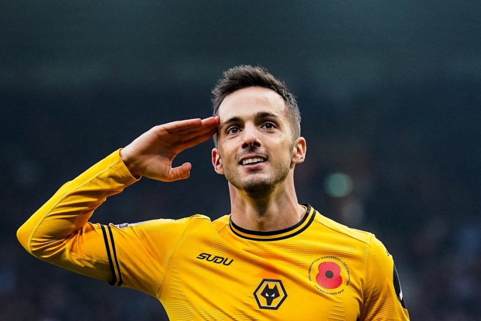 WOLVERHAMPTON, ENGLAND - NOVEMBER 9: Pablo Sarabia of Wolverhampton Wanderers FC celebrates after scoring his team's first goal during the Premier League match between Wolverhampton Wanderers FC and Southampton FC at Molineux on November 9, 2024 in Wolverhampton, England. (Photo by Rene Nijhuis/MB Media/Getty Images)