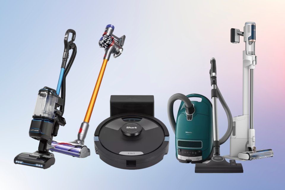 a shark vacuum cleaner sits between two other vacuum cleaners