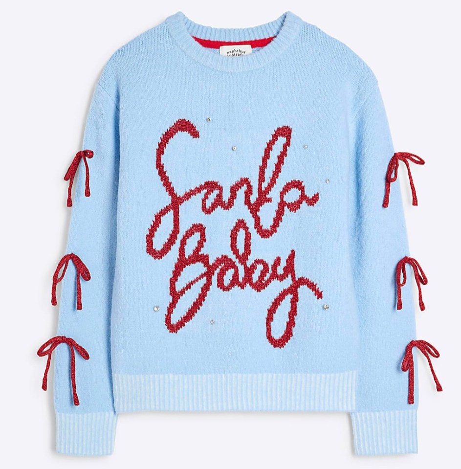 a light blue sweater with santa baby written on it