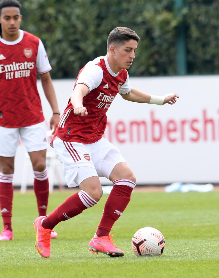 ST ALBANS, ENGLAND - APRIL 20: Luigi Gaspar of Arsenal during the U18 Premier League south match between Arsenal u18 and Chelsea U18 at London Colney on April 20, 2021 in St Albans, England. (Photo by David Price/Arsenal FC via Getty Images)