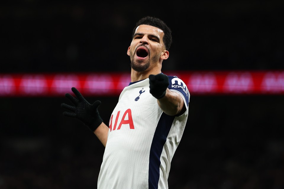 Dominic Solanke of Tottenham Hotspur celebrating a goal.