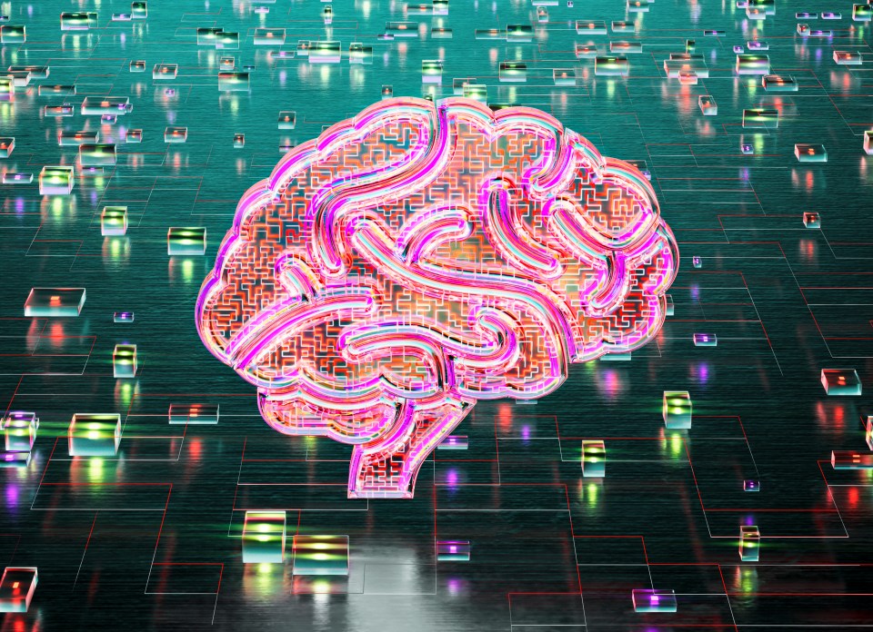 Glass brain illuminated on a digital background.