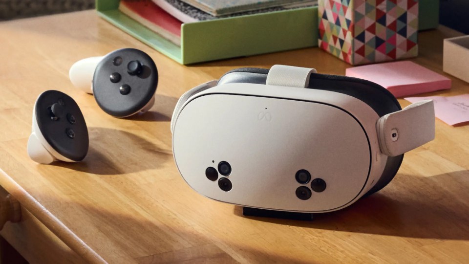 Meta Quest 3 VR headset and controllers.