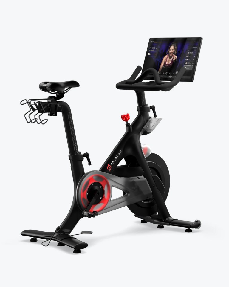 Peloton exercise bike with attached screen.