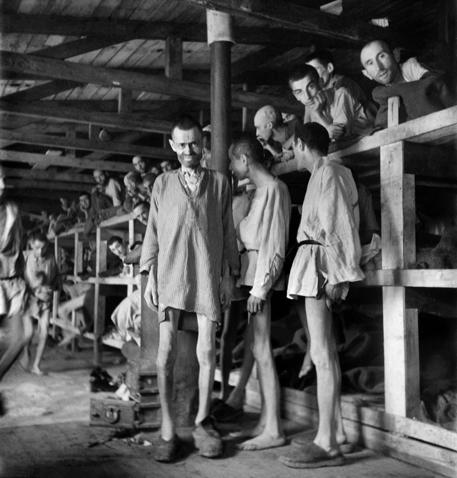 Black and white photo of Buchenwald concentration camp prisoners shortly after liberation.