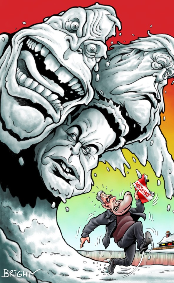 Caricature of a man running away from melting ice sculptures of faces.