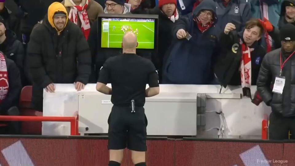 Referee reviewing a play on a monitor with fans nearby.