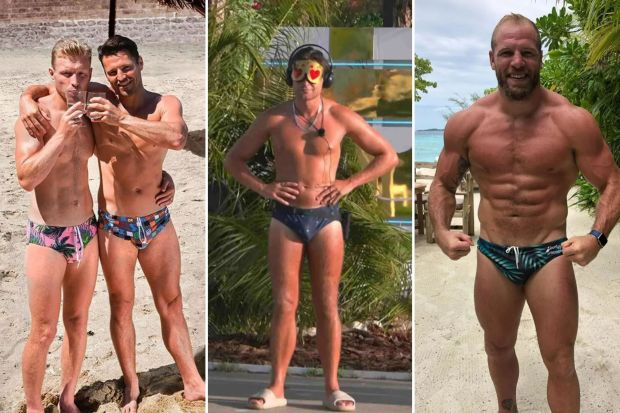 Collage of three men in swimsuits.