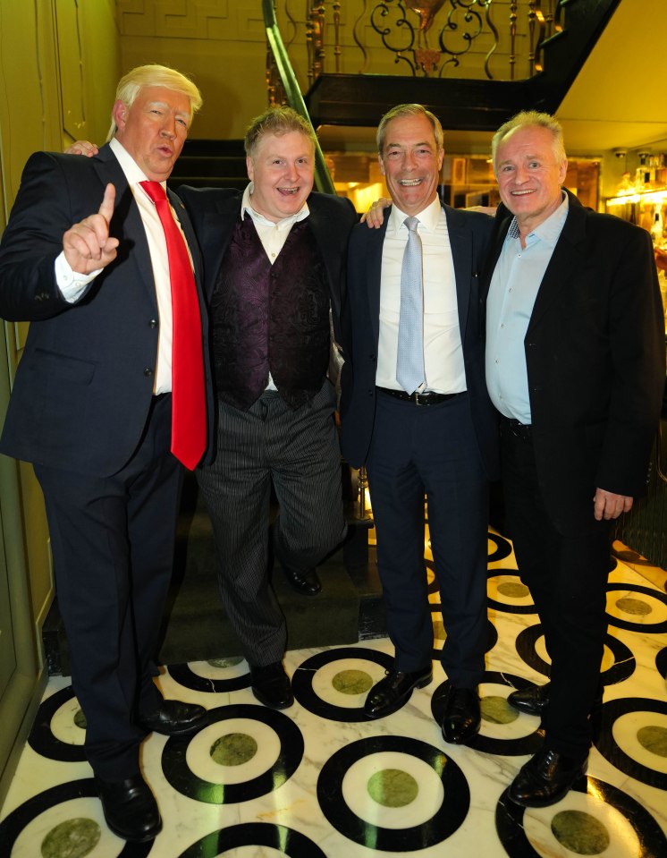 A Donald Trump impersonator with Nigel Farage and two other men at a restaurant.