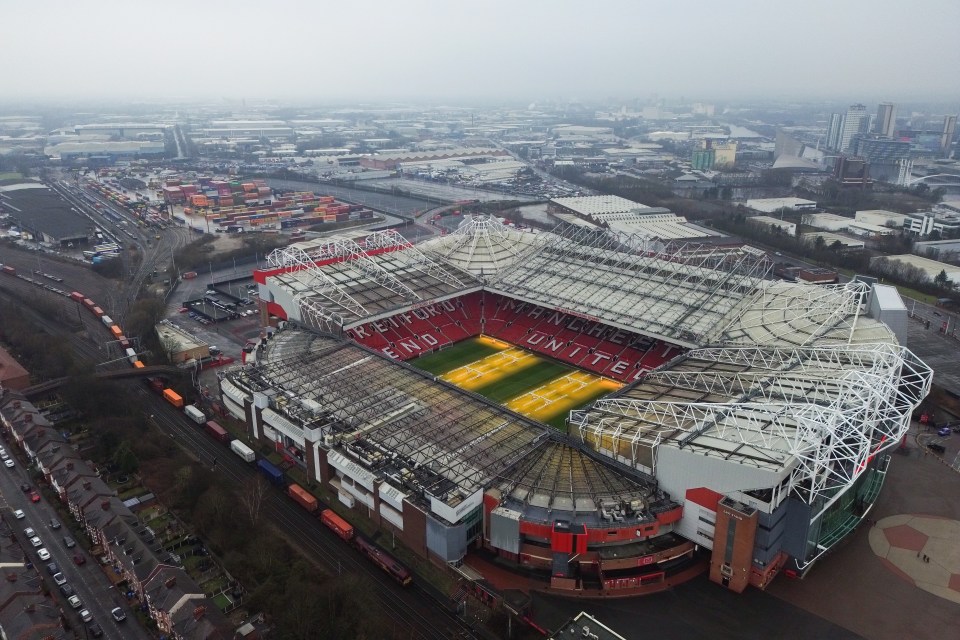 Aerial view of Old Trafford stadium and surrounding area.
