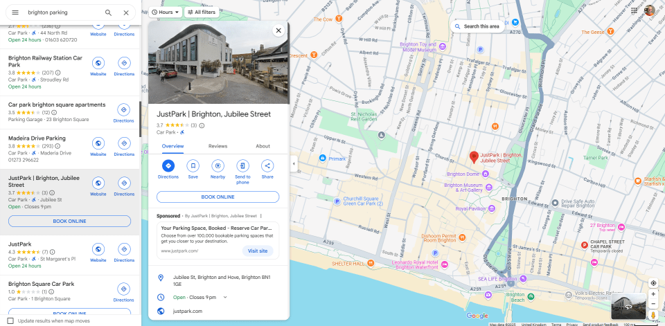 Google Maps results for JustPark Brighton, Jubilee Street.