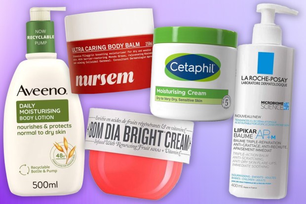 Collage of various body lotions and creams.