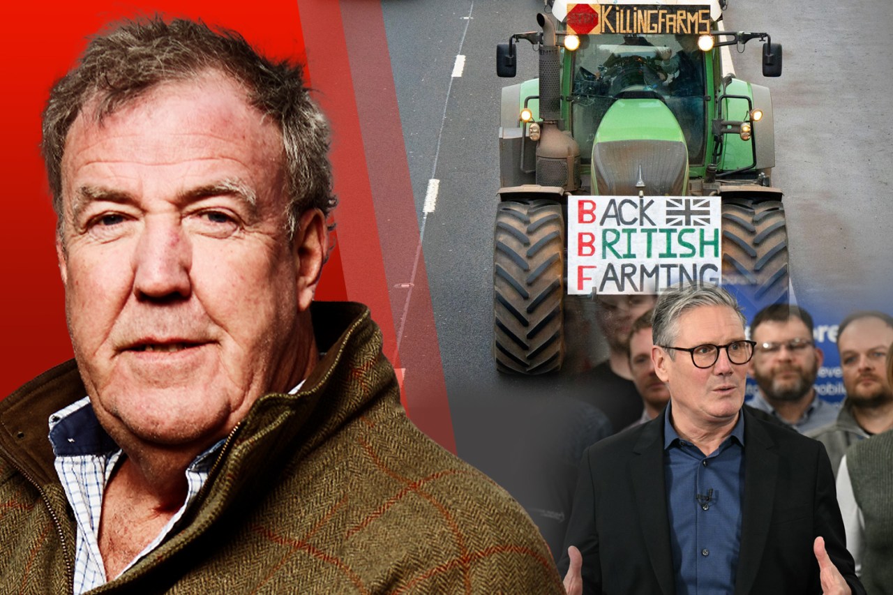 Collage of Jeremy Clarkson, a tractor with a "Back British Farming" sign, and a man speaking.