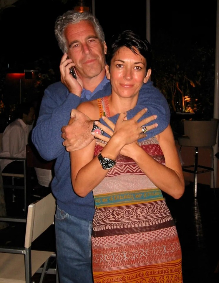 Photo of Jeffrey Epstein and Ghislaine Maxwell embracing.