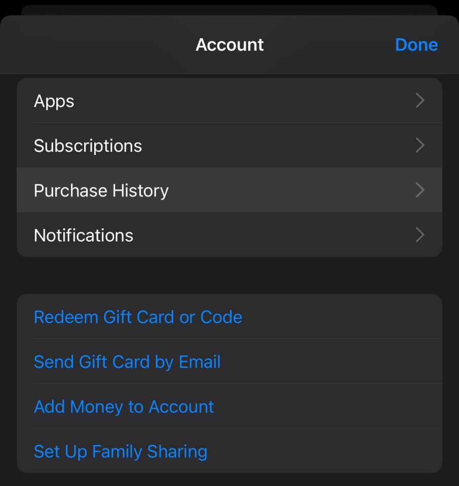 iPhone account settings menu.