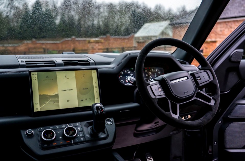 Interior view of a Land Rover Defender 110 V8 Bond Edition.
