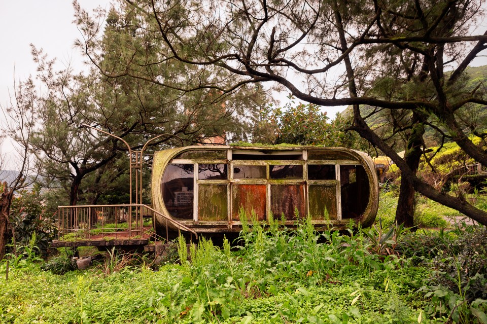 Overgrown, weathered structure resembling a bus.