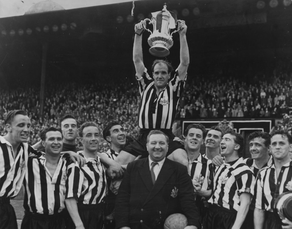 Newcastle United football team celebrating their 1955 FA Cup victory.