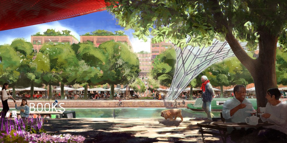 Illustration of a canal-side park with people relaxing, reading, and enjoying the outdoors.
