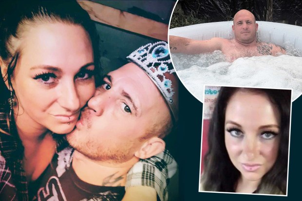 Collage of photos showing a couple, one man in a hot tub, and a woman's headshot.