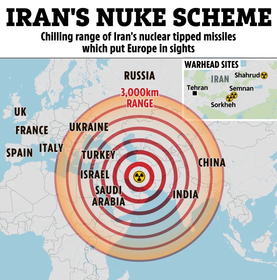 Illustration of Iran's nuclear missile range, showing its potential reach to Europe.