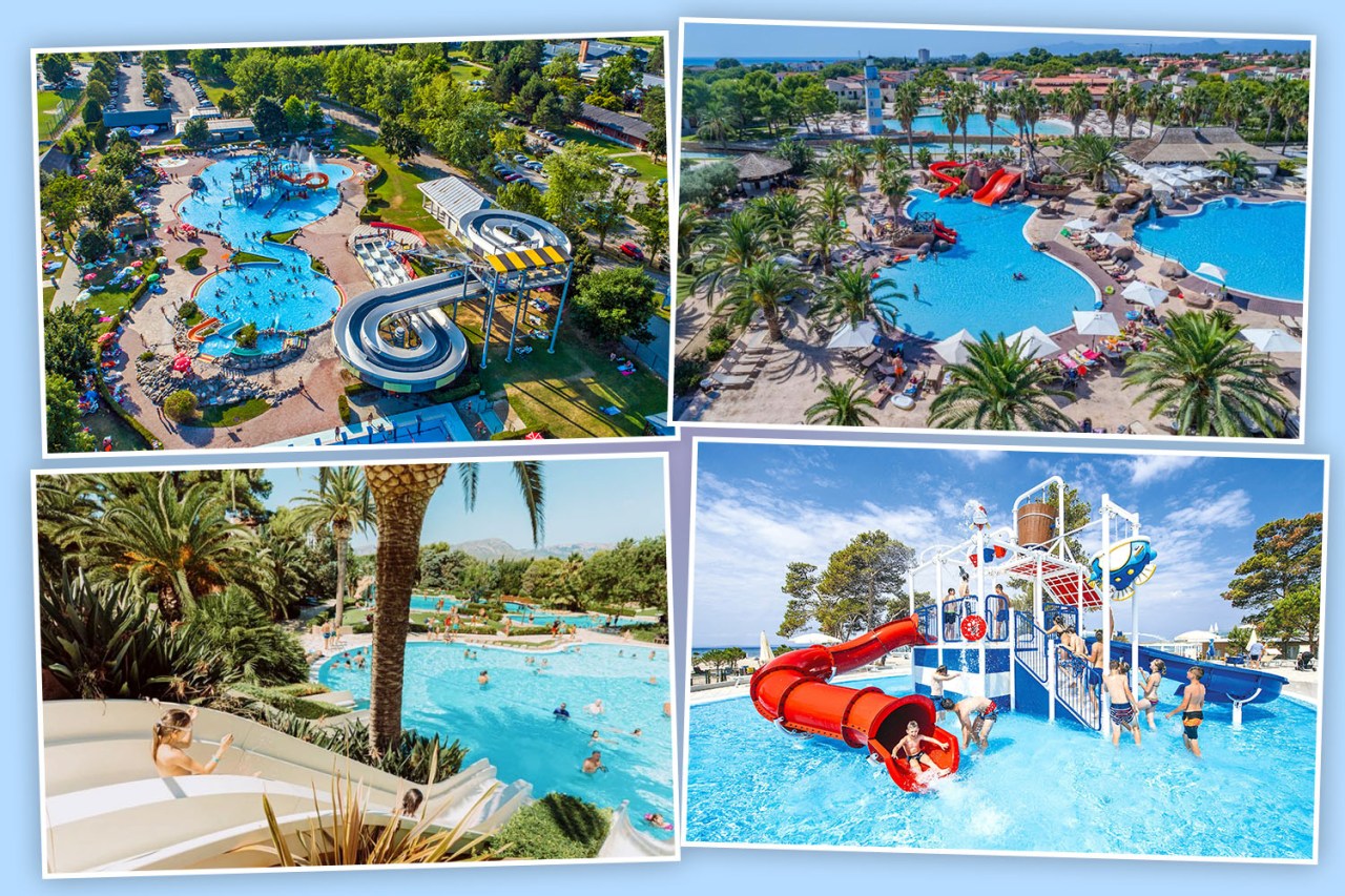 Collage of holiday park pools and water slides.